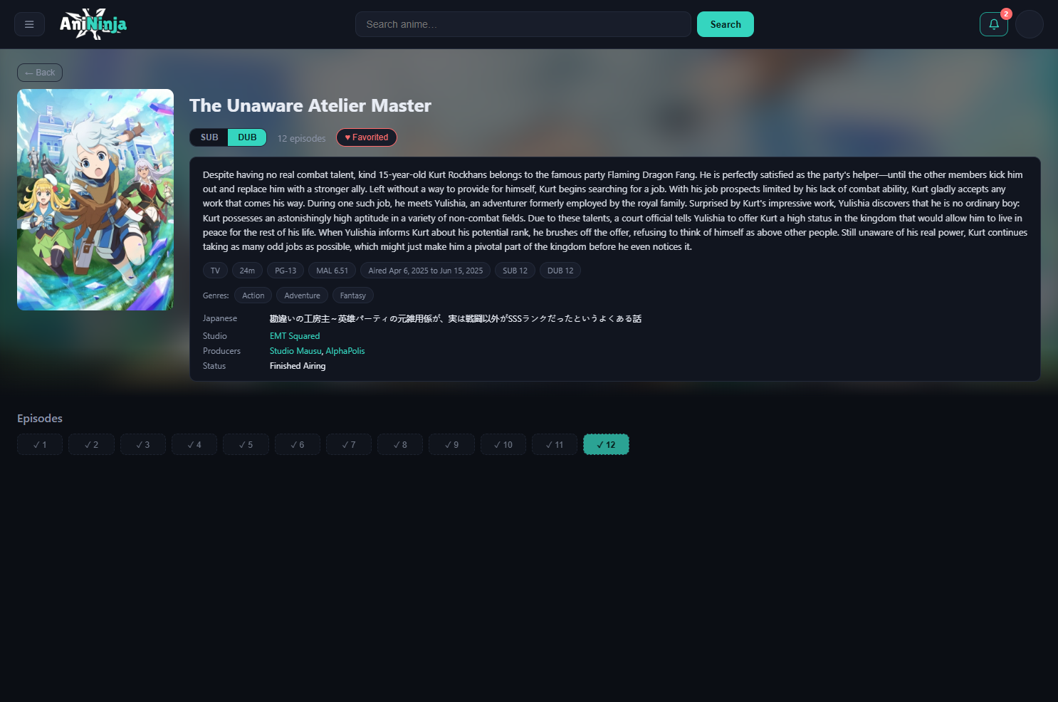 AniNinja desktop detail view with synopsis, metadata and episode list