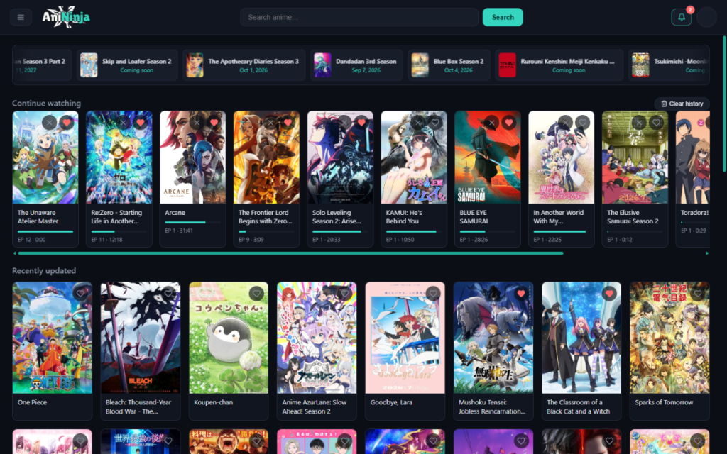 AniNinja desktop home screen with Continue Watching and Recently updated rows